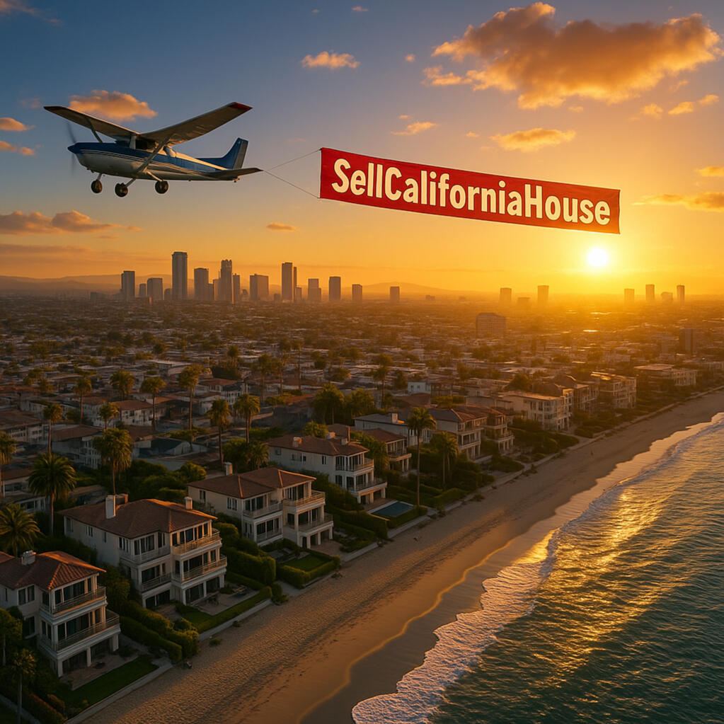 A vibrant aerial view of the California coastline at sunset with the ocean, city lights, and luxury homes.